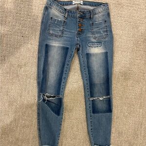 One Teaspoon Distressed Light Blue Skinny Jeans with Button-Fly